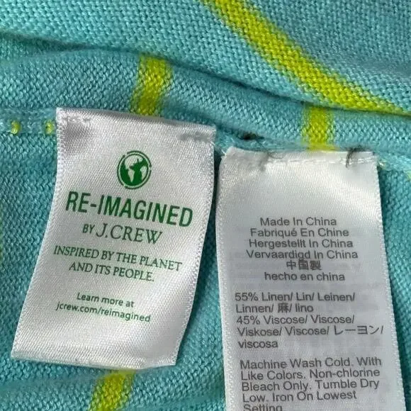 J.Crew Linen Blend Striped Sweater Top Sz M Green Yellow V-Neck Short Sleeve - Picture 5 of 9